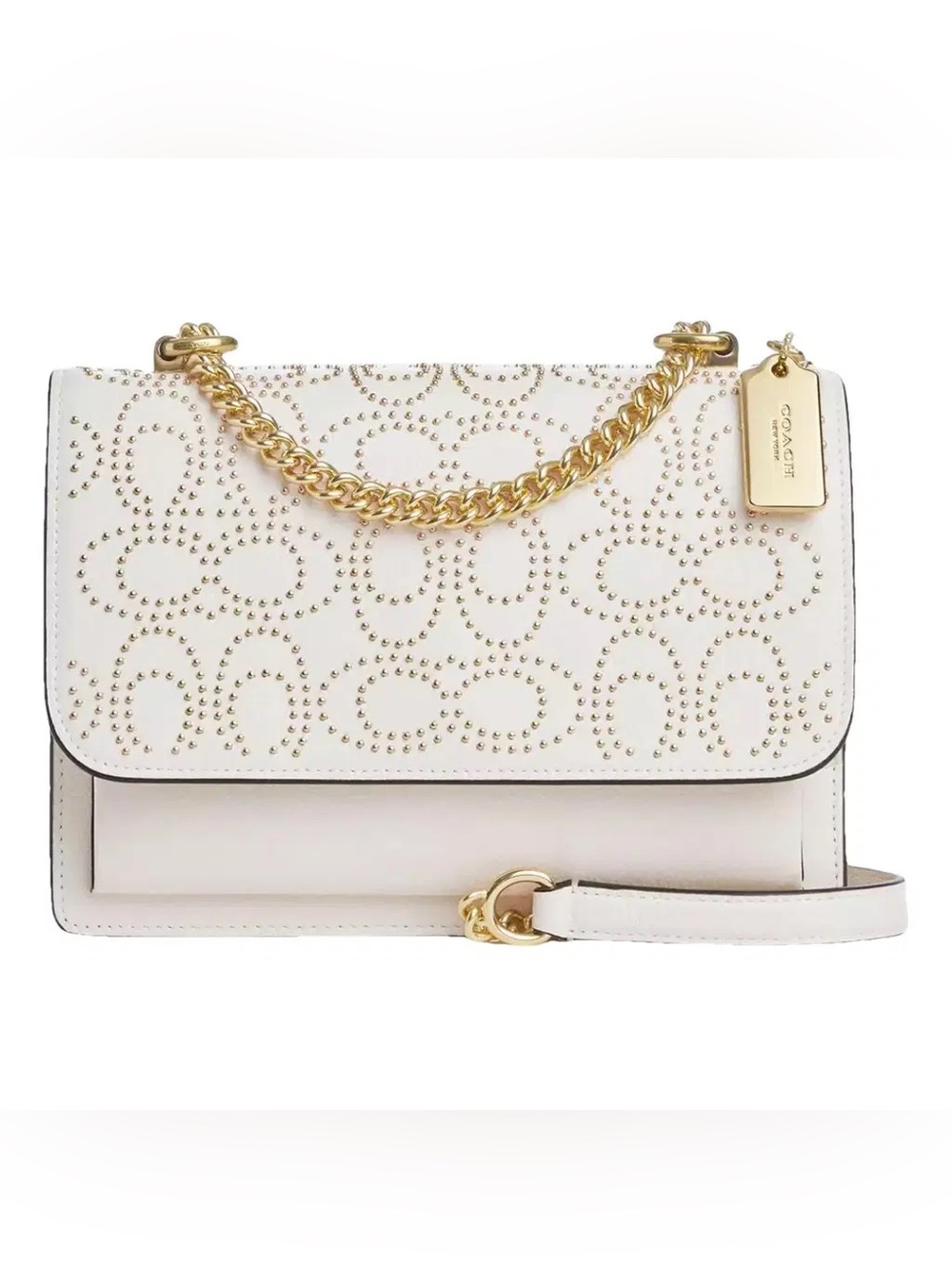 Coach White Leather Crossbody Bag with Gold Stud Accents and Chain